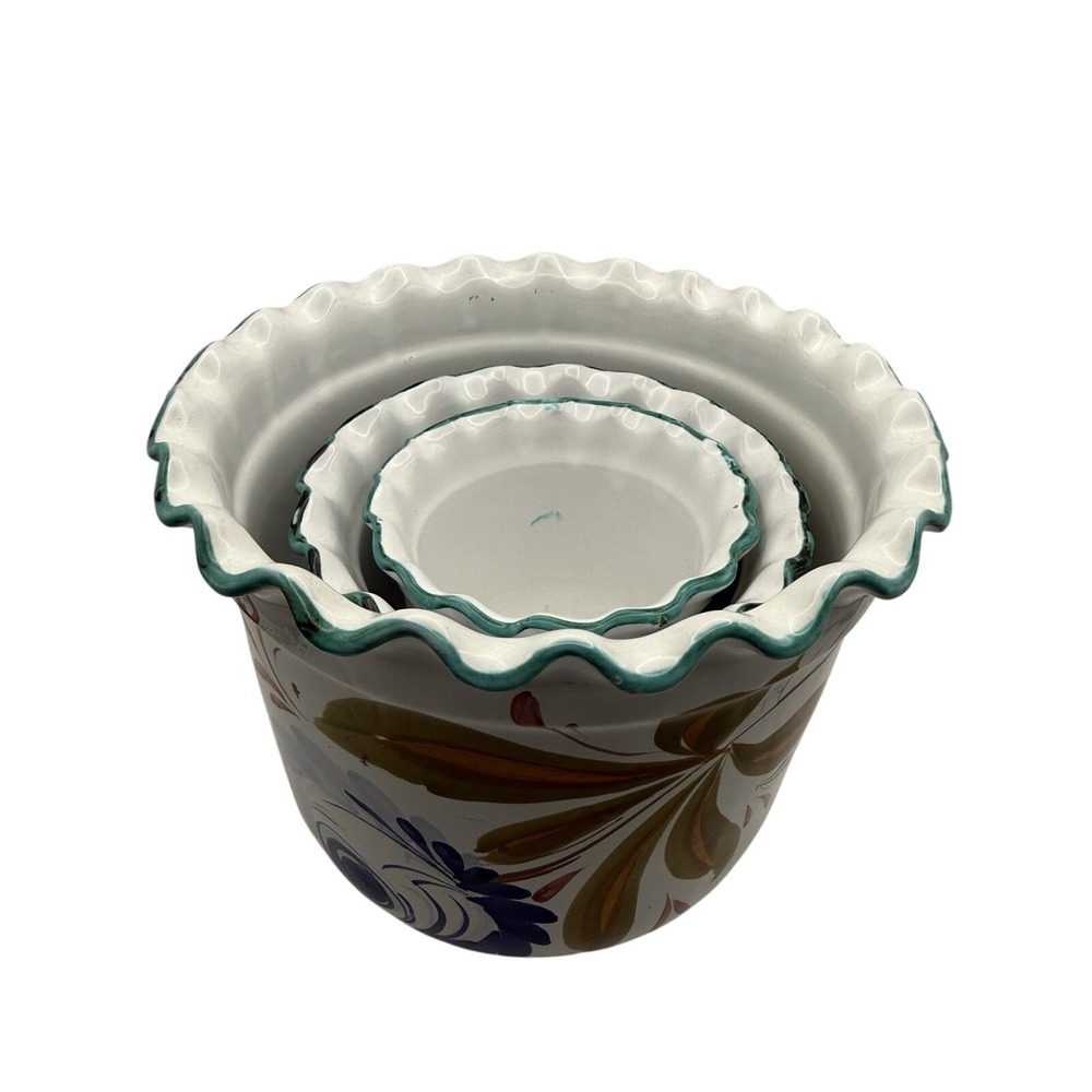 Vintage Ceramic Stackable Planters (3) Hand Painted Made in Italy Flowers.